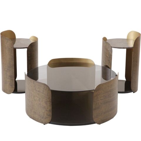 Tera Üçlü Mermer Metal Ahsap Orta + Yan x 2 Adet Sehpa Seti 120x120cm