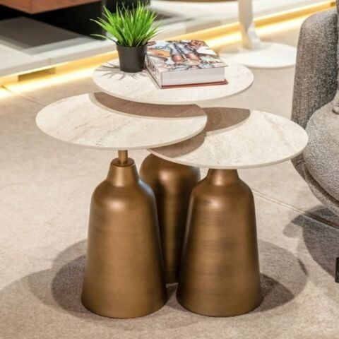 Beige Zigon Sehpa Traverten Eskitme Pirinç