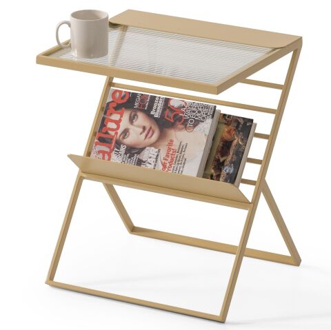 Nixi Metal Eskitme Altın Renk Cam Rafli Magazinlik Gazetelik Yan Sehpa
