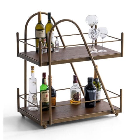 Martin Ahşap Kaplama İki Raflı Tekerlekli Bar Servis Arabası