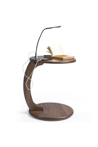 Button Ceviz Tekerlekli MDF LED Lambalı USB Yan Sehpa Ç44xY54cm