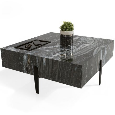 Hera Parlak Mermer Görünümlü Laklı Panel Siyah Metal Ayaklı Orta Sehpa 90x90cm