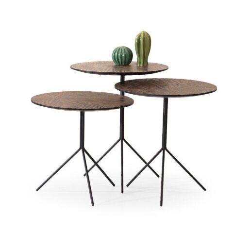 Loop Üçlü Boyalı MDF Üst Tablalalı Desenli Siyah Metal Ayaklı Zigon Sehpa Seti 43x43cm